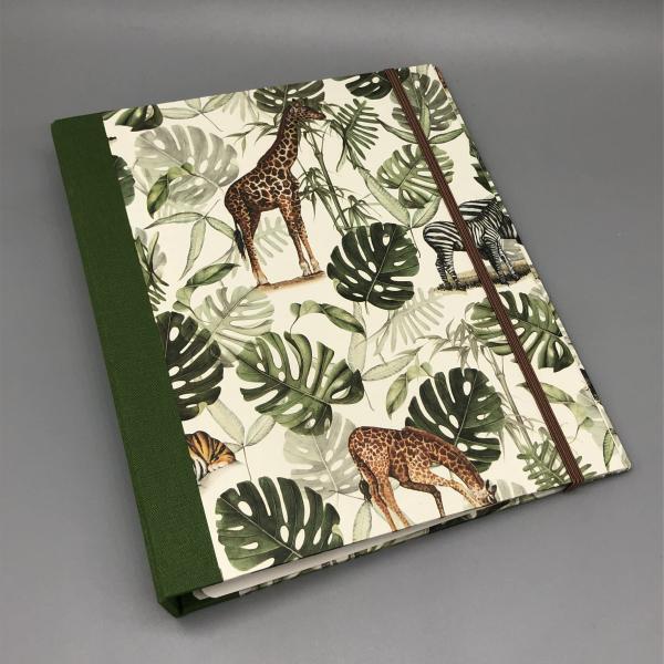 Ordner Ringbuch A5 grün Tiere Blätter floral Gummiband Front